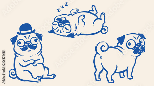 Foto Humorous cartoon pug trio illustration featuring distinguished bowler hat pug sl