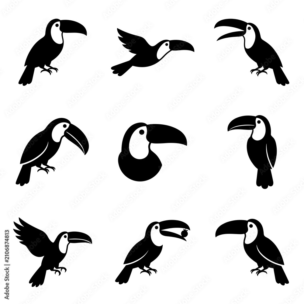 Obraz premium Black Toucan Bird Silhouettes Collection in Various Poses