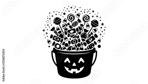 Photography Overflowing Halloween Treat Bucket: A black jack-o'-lantern bucket overflows with a delightful assortment of Halloween candies, lollipops, and scattered sprinkles
