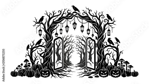 Bild auf Leinwand Haunted Forest Gateway: A spooky gateway framed by gnarled, bare trees and adorned with glowing lanterns, welcomes visitors into a dark, mysterious forest path