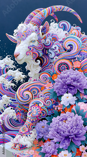 Colorful Year of the Goat 2027 Chinese zodiac illustration with vibrant patterns, floral elements and traditional Asian inspired artwork