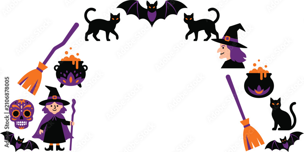 Naklejka premium Spooky halloween composition with witches bats cats and cauldrons halloween cauldron illustration