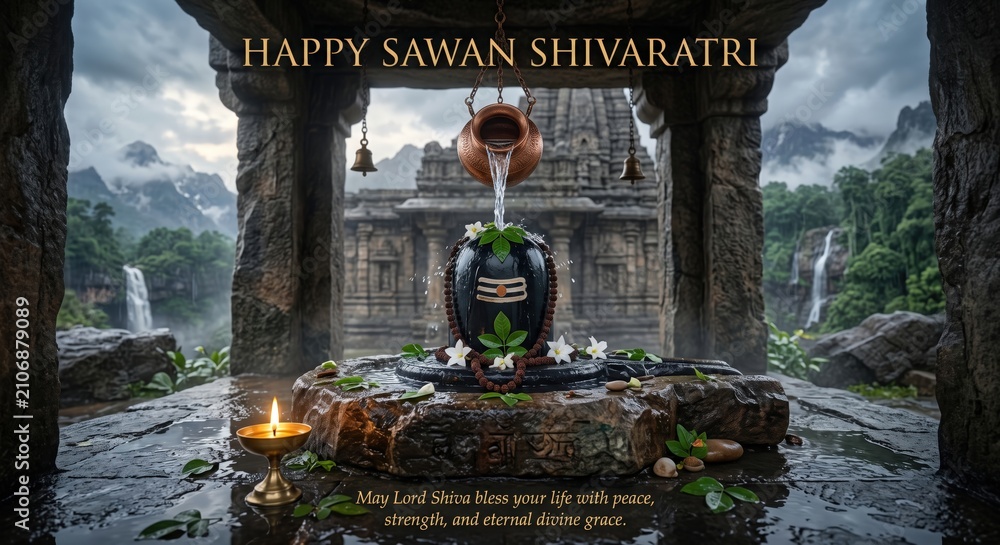 Obraz premium Shivling abhishekam with water pouring from copper pot in stone temple, surrounded by mountains, waterfalls, and a lit oil lamp for sawan shivratri celebration
