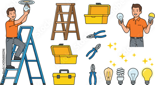 Electrician replacing light bulb standing on stepladder vector illustration set featuring toolbox pliers led cfl incandescent lamps and home repair equipment