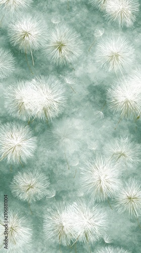 White Dandelion Seed Head Seamless Watercolor Pattern on Sage Green Background
