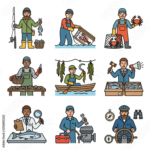 Cuadro en lienzo Seafood Industry Professionals: Fishing, Aquaculture, Processing, and Sales Icon