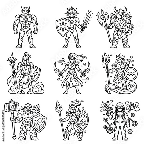 Schilderij op canvas Collection of Diverse Fantasy Warriors and Heroes in Outline Style