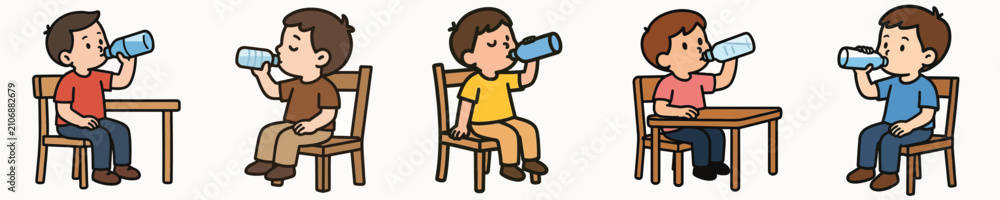 Fototapeta premium Set of vector illustrations of a small child drinking from a bottle.