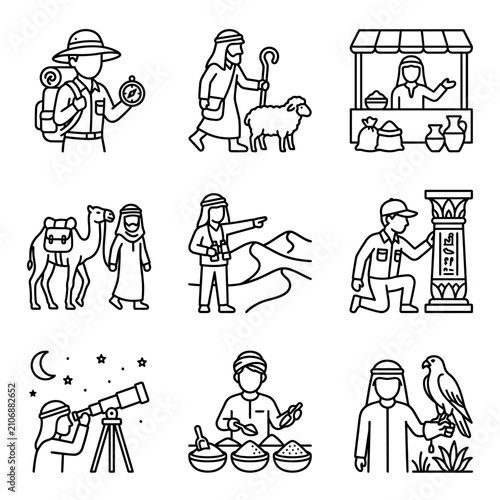 Photography Desert Life and Adventure Icons: Travel, Exploration, Culture, and Nature