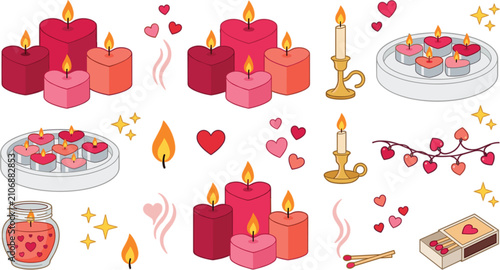 Foto Valentine day heart candle vector set with romantic burning fire floating tealig