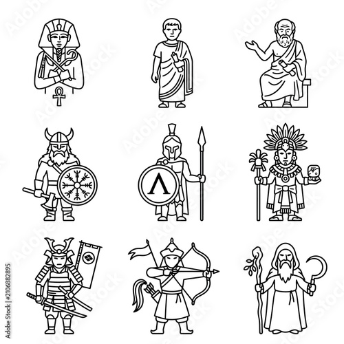 Ancient Civilizations Icons: Pharaoh, Viking, Samurai, Greek Philosopher, Warrior, Shaman
