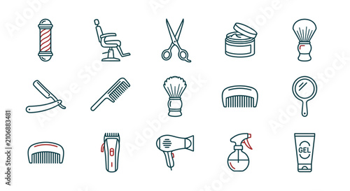 Barber Shop Tools Icons Set: Scissors, Razor, Chair, Dryer, Comb, Brush, Mirror, Gel