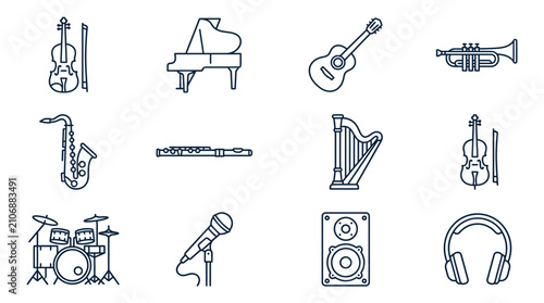 Quadro su tela Musical Instruments Icon Set: Violin, Piano, Guitar, Trumpet, Saxophone, Flute,