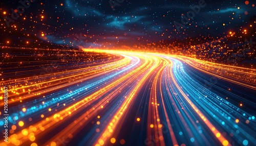 Blurry, colorful light streams converge into a central, luminous path against a dark, nebulous starry background