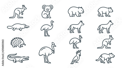 Tableau sur toile Australian Animals Icons Set: Kangaroo, Koala, Wombat, Dingo, Emu, Platypus, Coc