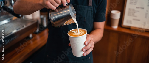 Close Up of Barista in Apron Pouring Milk into Paper Coffee Cup