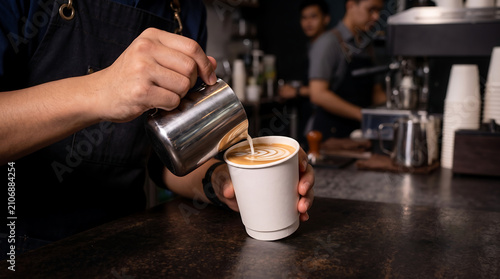 Professional Barista Pouring Steamed Milk into Takeaway Paper Cup in Cafe