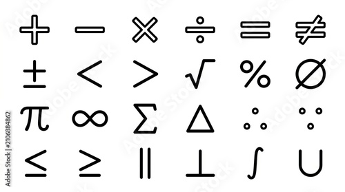 Collection of Common Mathematical and Scientific Symbols on White Background.