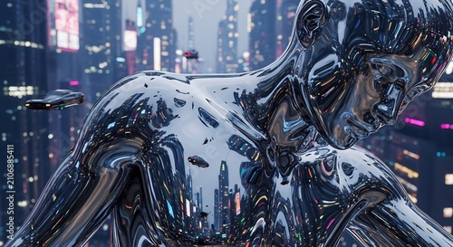 Futuristic Chrome Humanoid Sculpture in Neon Cityscape.
