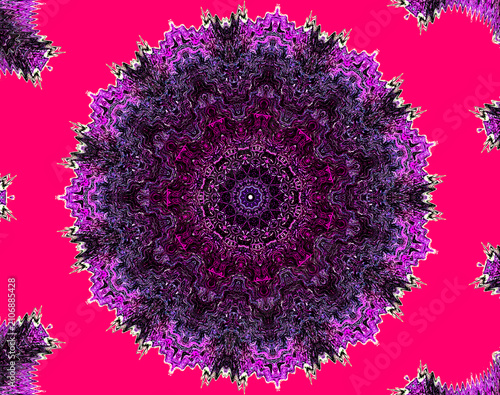 Bild auf Leinwand A vibrant mandala featuring intricate purple and pink designs radiates against a bright magenta background