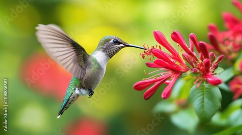 Hummingbird hovering near bright red flowers, wings in mid-flight, blurry background