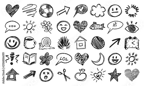 Forty handwritten icons – signs, symbols, animate and inanimate objects. Doodles and squiggles, Vector set