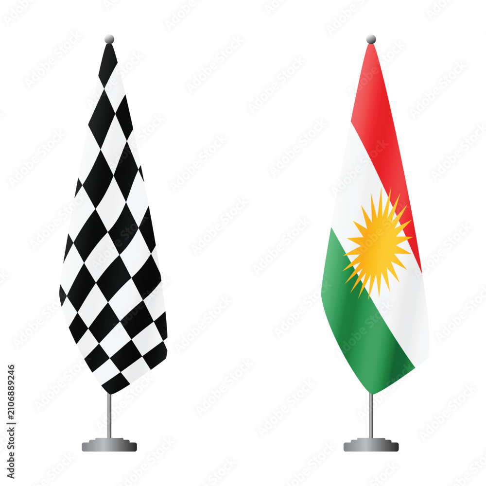 Obraz premium Checkered and Kurdistan flags on flagpoles for official ceremonies and meetings, transparent background vector