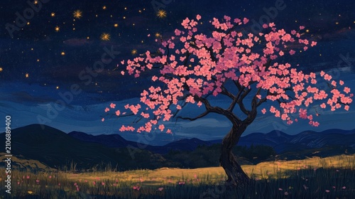 Night blooms, a blossoming cherry tree under a starry sky