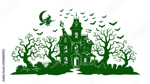Foto Spooky Halloween Scene: A haunted mansion silhouetted against a crescent moon, with a witch on her broom and a swarm of bats, amidst gnarled trees and a graveyard