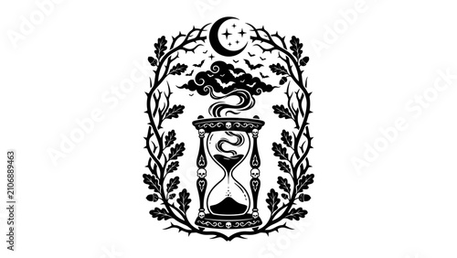 Schilderij op canvas Mystical Timepiece: An ornate hourglass, framed by thorny branches and a crescent moon, symbolizes the passage of time and the mysteries of the cosmos, evoking a sense of the surreal and magical