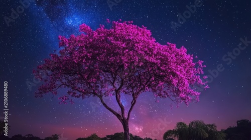 A vibrant pink tree bathed in the starry night sky