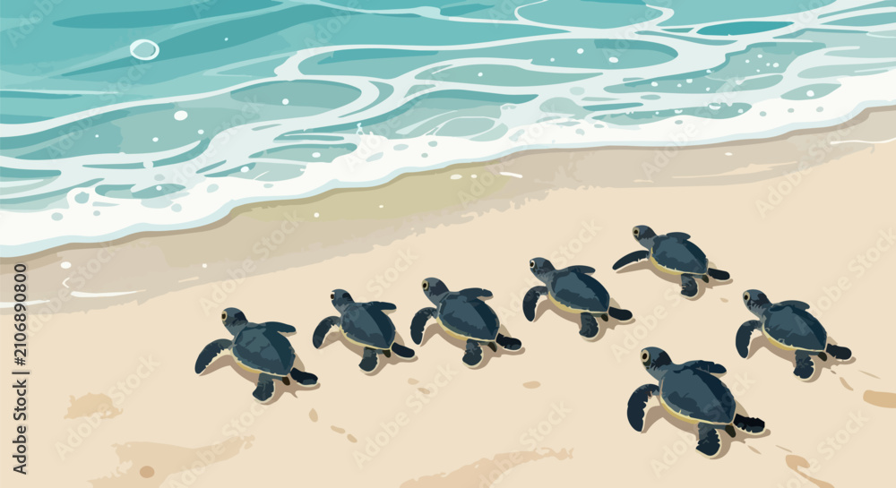 Obraz premium Baby sea turtles crawling to ocean, group of hatchlings on sandy beach vector, marine life conservation and wildlife migration illustration