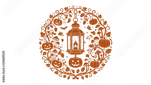 Bild auf Leinwand Halloween Lantern Wreath: A charming circular wreath features a central lantern with a flickering flame, surrounded by carved pumpkins, playful bats, and whimsical mushrooms, all rendered in a warm