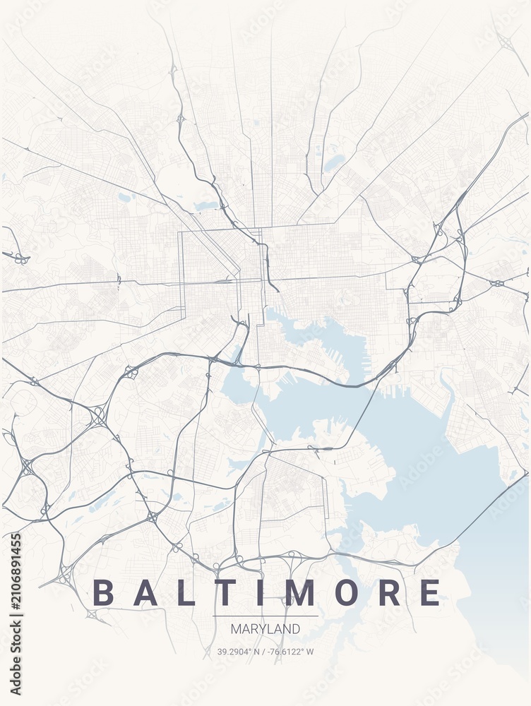 Fototapeta premium Modern Baltimore City Map Poster Design, Pastel Dream Style Urban Street Grid Cartography