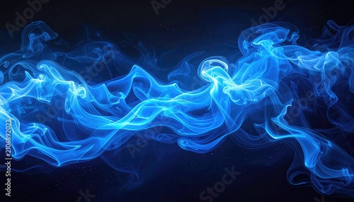 Swirling blue smoke abstractly drifts across a dark background, creating a dynamic, ethereal pattern