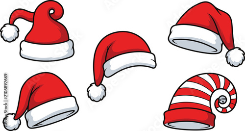 Cuadro en lienzo Collection of various red santa claus hats with white trim and pompoms in differ