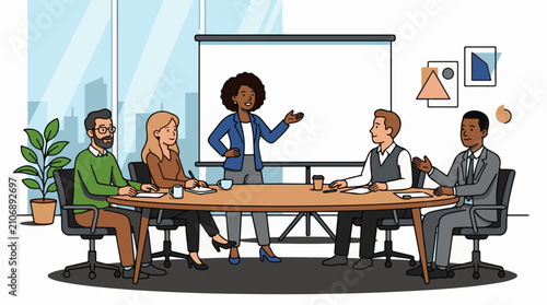 Diverse team in business meeting presenting on a projector screen