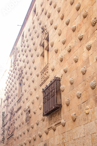 Angled perspective of Casa de las Conchas facade in Salamanca
