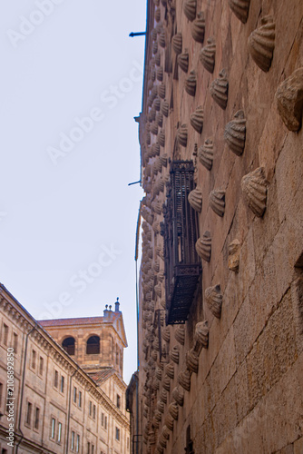 Angled perspective of Casa de las Conchas facade in Salamanca