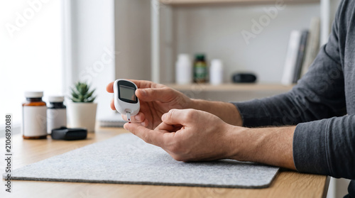 Daily biohacking for metabolic health Man diligently monitors blood glucose, embracing data for optimized personal wellness