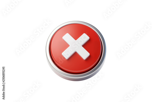 Red X Button with Chrome Rim Floating with Slight Shadow Below, Front View