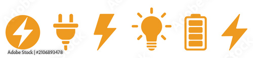Electrical power icon set vector illustration showing electric energy, power supply, voltage, lightning, and utility symbols for engineering designs