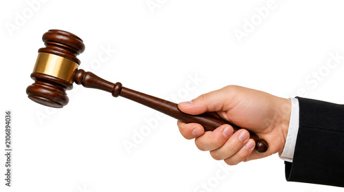Hand holding judge gavel isolated on transparent background