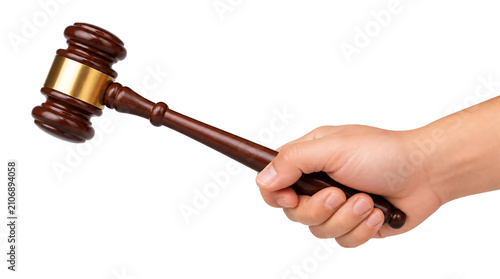 Hand holding judge gavel isolated on transparent background
