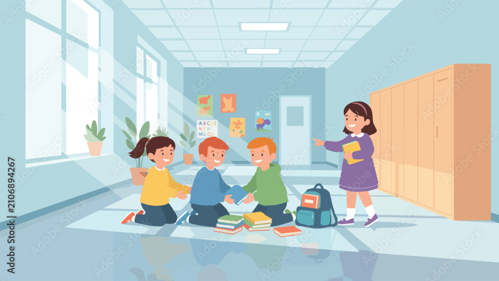Obraz premium Diverse friends reading together on the floor of a sunny school hallway, surrounded by backpacks and lockers. Sinar matahari masuk dari jendela besar.