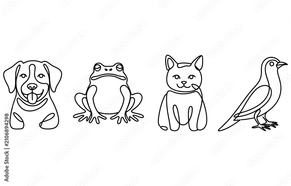 Fototapeta premium Set of cute animal icons including a dog frog cat and bird drawn in a simple continuous line art style Vector, illustration