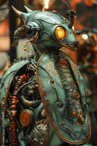 Intricate steampunk robot with glowing orange eyes and teal metallic plating, mechanical parts visible