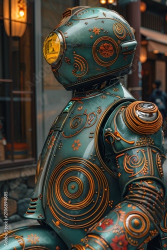 Intricate steampunk robot with ornate metallic detailing and a glowing yellow eye, standing outdoors