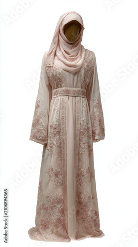 Light pink modest muslim women's eid dress with a flowing silhouette and delicate floral pattern