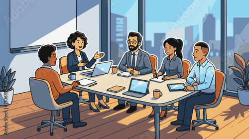 Diverse team in bright modern office discussing ideas around a table